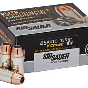 Sig Sauer E45AP050 Elite Performance 45ACP 185gr V-Crown Jacketed Hollow Point 50 Per Box/10 Case