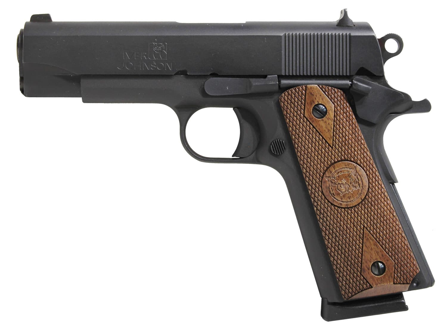 Iver Johnson Arms FALCON Falcon Commander 45 ACP 8+1 4.25" Black Steel Barrel, Matte Blued Serrated Steel Slide, Blued Steel Frame, Checkered Double Diamond Walnut Grip