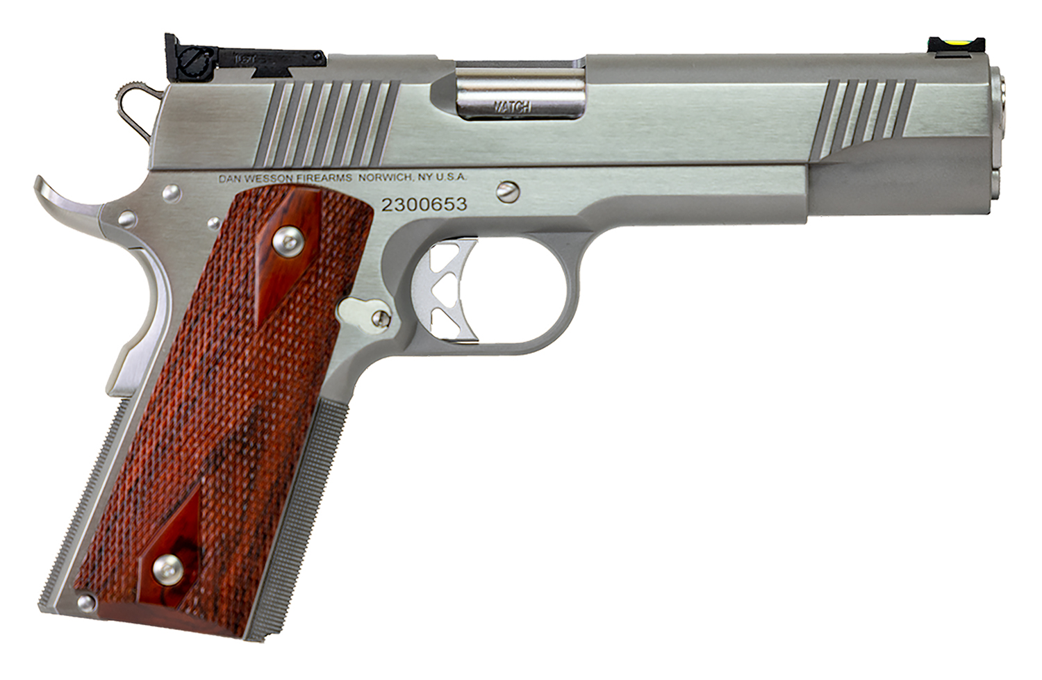 Dan Wesson 01943 Pointman 45 ACP Caliber with 5" Barrel, 8+1 Capacity, Overall Stainless Steel Finish, Beavertail Frame, Serrated Brushed Slide & Cocobolo Grip