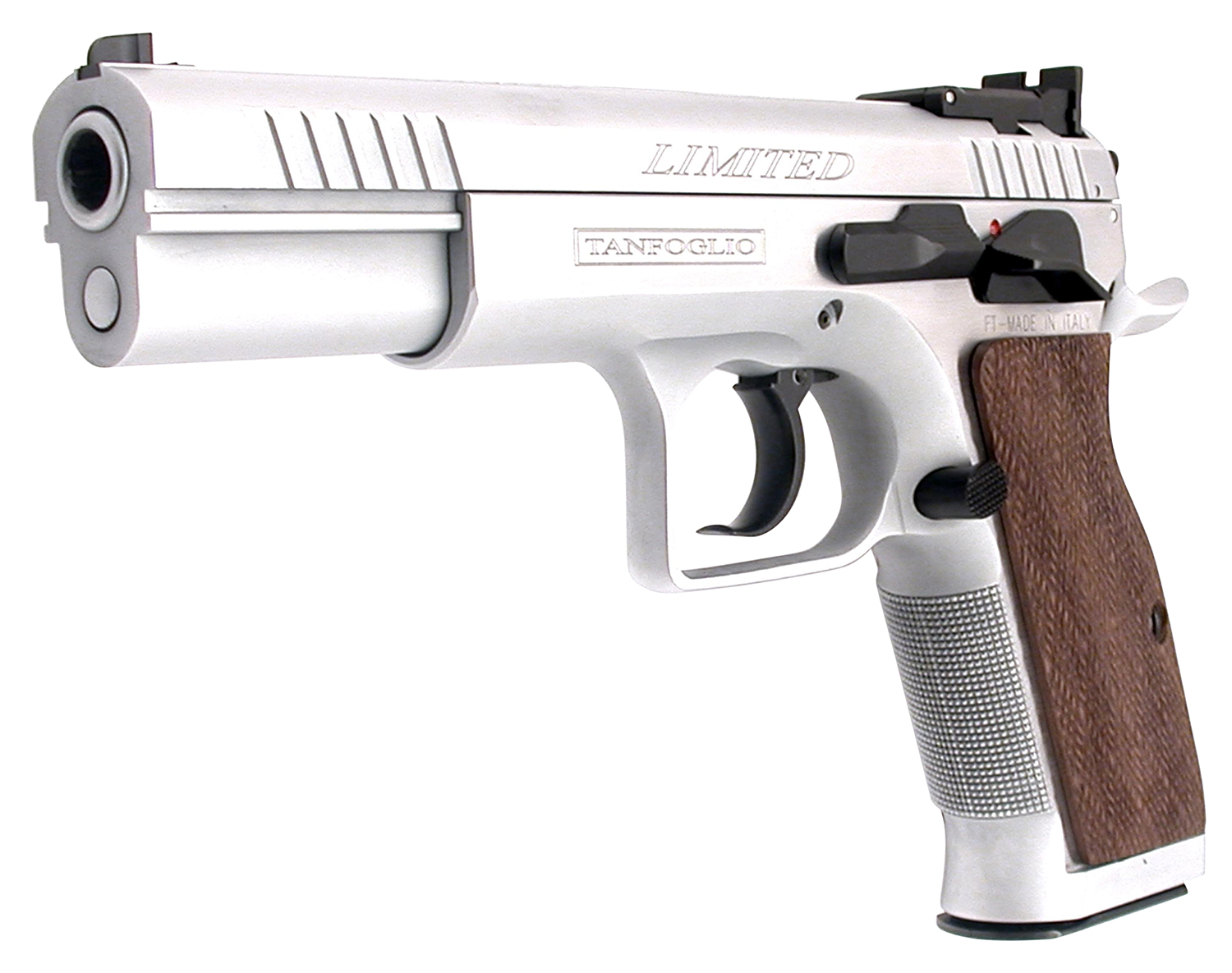 Tanfoglio IFG TFLIMPRO9 Defiant Limited Pro 9mm Luger Caliber with 4.80" Barrel, 19+1 Capacity, Overall Hard Chrome Finish Steel, Beavertail Frame, Serrated Slide & Brown Polymer Grip