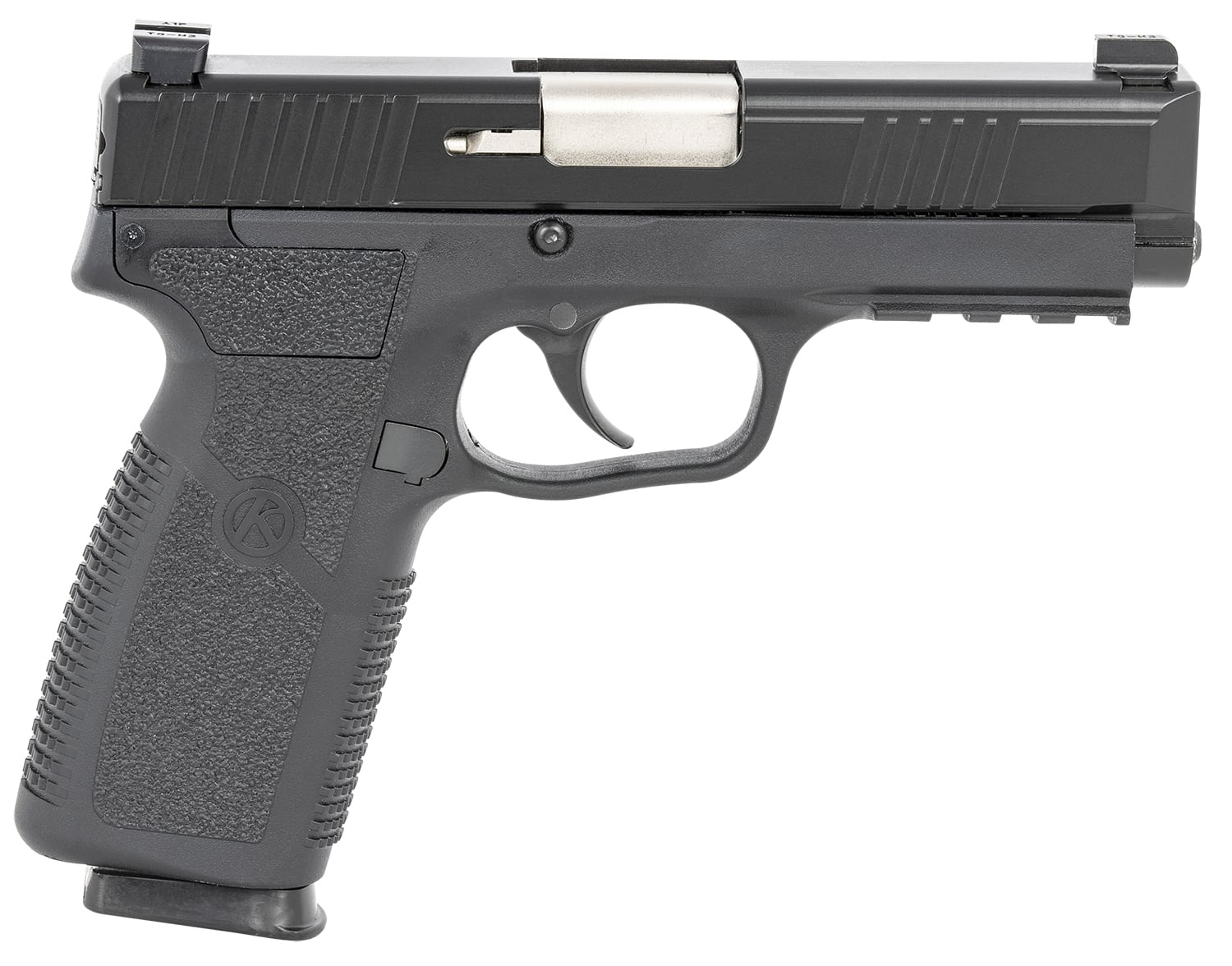 Kahr Arms TP90S94N TP9-2 9mm Luger Caliber with 4" Barrel, 8+1 Capacity, Black Finish Picatinny Rail Frame, Serrated Matte Black Stainless Steel Slide, Textured Polymer Grip & TruGlo Night Sights