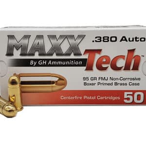 MaxxTech PTGB380B Brass Pistol 380ACP 95gr Full Metal Jacket 50 Per Box/20 Case
