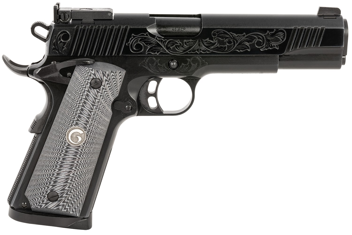 EAA GIRSAN 390098 MC1911 S Lux Full Size 45 ACP 8+,1 5" Black Steel Barrel, Black Chrome w/Engraving Serrated Slide, Black Chrome Engraved Steel Frame w/Beavertail, G10 Grips Ambidextrous