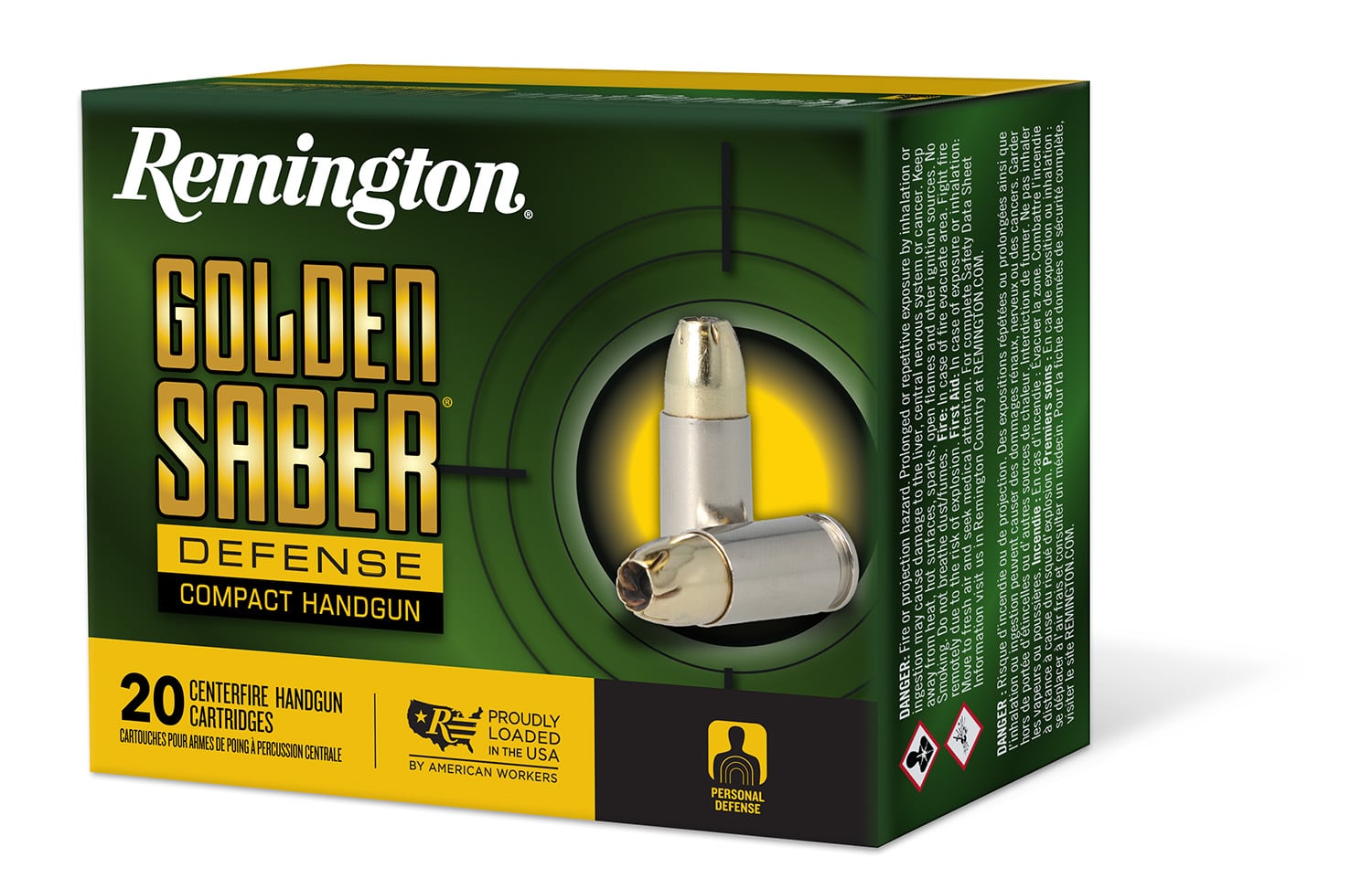 Remington Ammunition 27619 Golden Saber Defense 45ACP 230gr Brass Jacketed Hollow Point 20 Per Box/25 Case