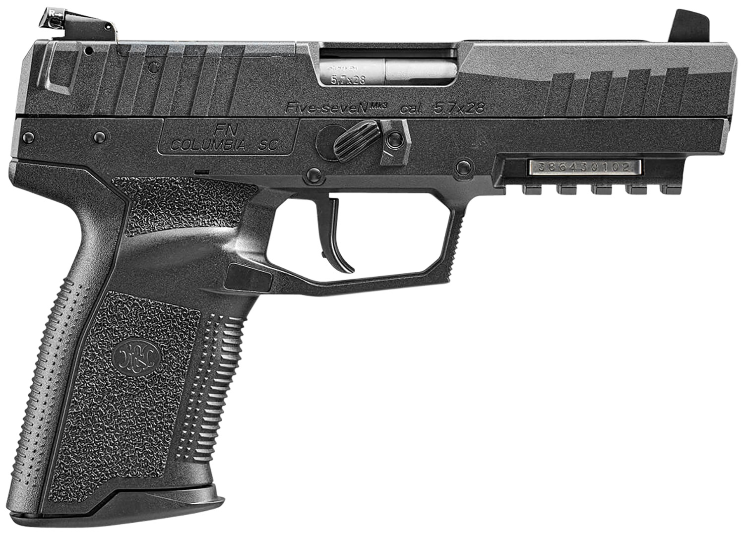 FN 66101274 Five-seveN MRD 5.7x28mm 20+1 4.80" Black Steel Barrel, Black Optic Ready/Serrated Steel Slide & Polymer Frame w/Picatinny Rail, Black Textured Polymer Grip, Ambidextrous