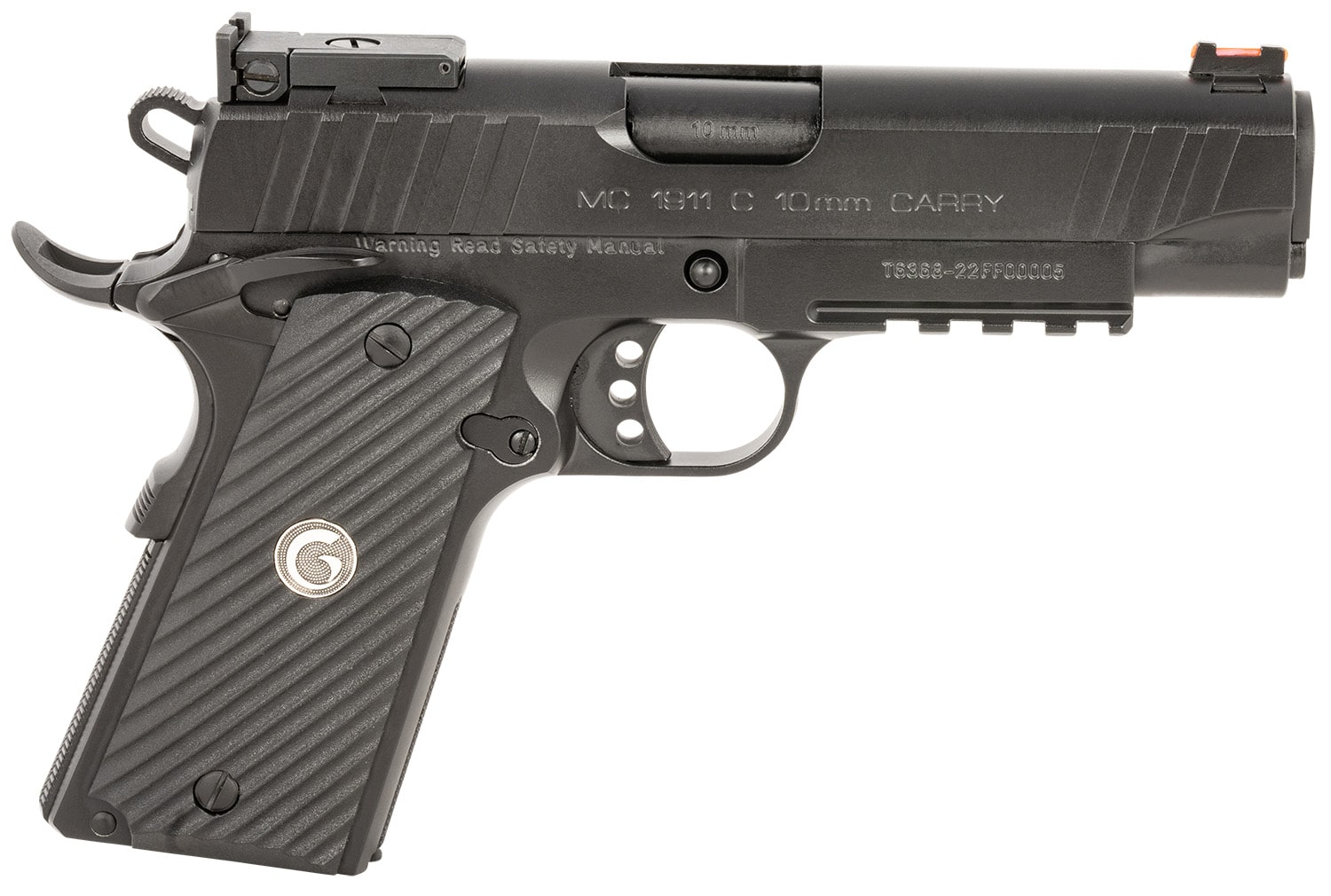 EAA GIRSAN 390605 MC1911 C Carry Frame 10mm Auto 9+1, 4.40" Black Steel Barrel, Blued Serrated Steel Slide, Black Steel Frame w/Beavertail & Picatinny Rail, Black Grip, Ambidextrous