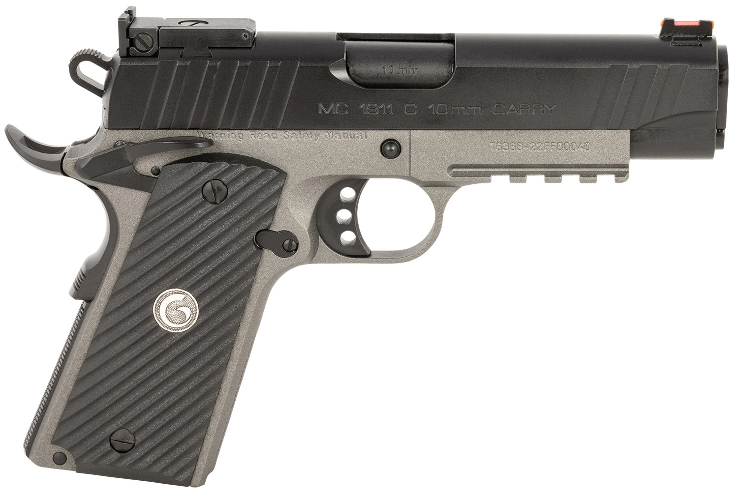 EAA GIRSAN 390608 MC1911 C Carry Frame 10mm Auto 9+1 4.40" Black Steel Barrel, Black Serrated Steel Slide, Matte Gray Steel Frame w/Beavertail & Picatinny Rail, Black Grip, Ambidextrous