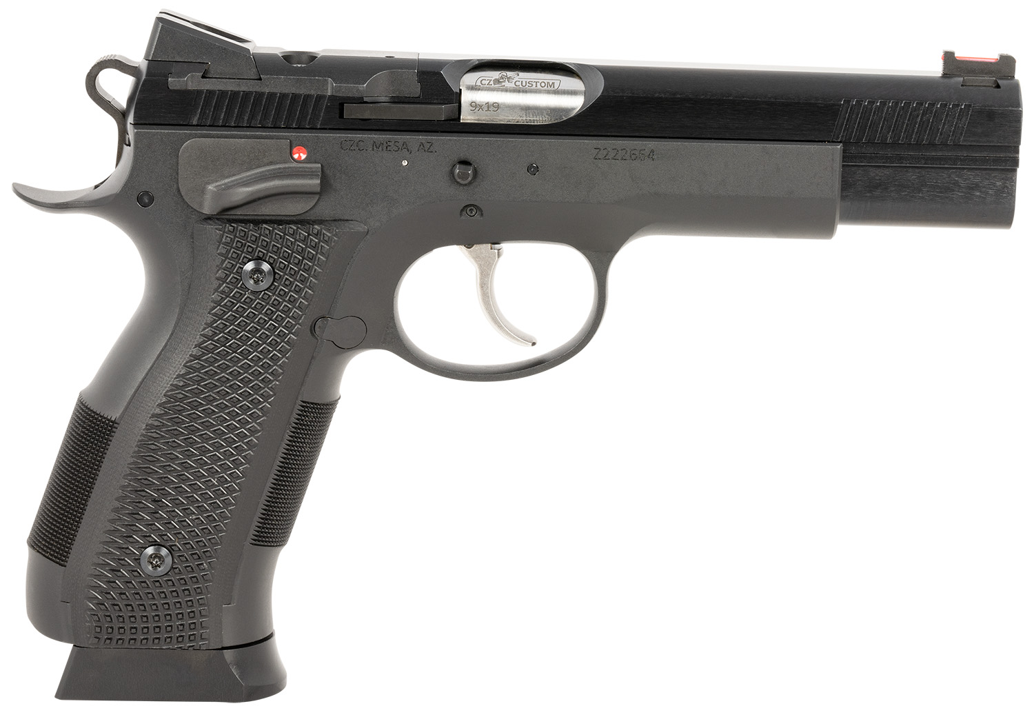 CZ-USA 91732 A01-SD 9mm Luger 19+1 4.93" Blued Match Grade Bull Barrel, Blued Optic Ready/Serrated Steel Slide, Blued Steel Frame w/Beavertail, Black Checkered Polymer Grip