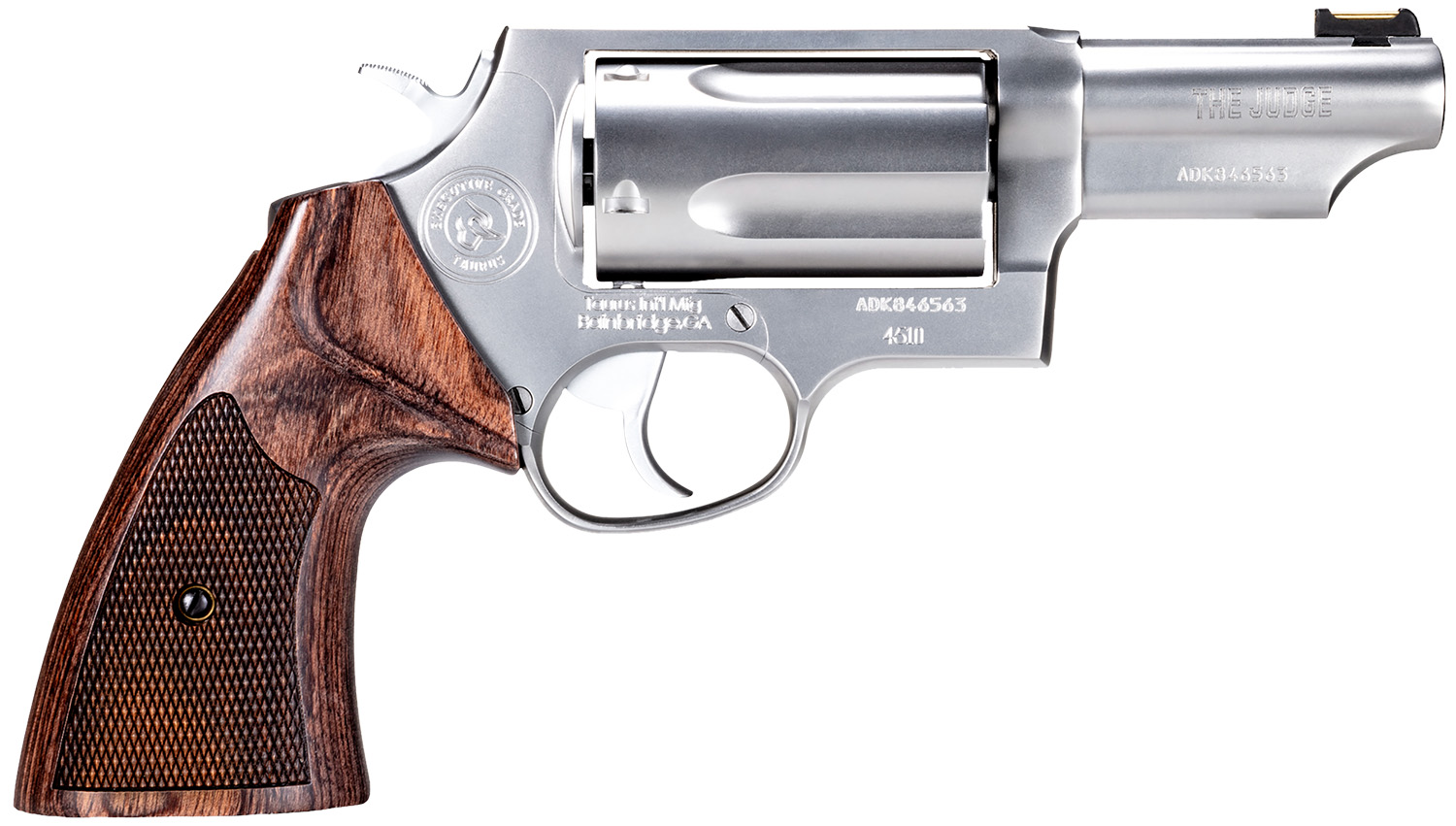 Taurus 2441EX039 Judge Executive Grade Medium Frame 45 Colt (LC) 410 Gauge 5rd 3" Hand Polished Satin Stainless Steel Barrel, Hand Polished Satin Stainless Steel Cylinder & Frame, Wood Grip