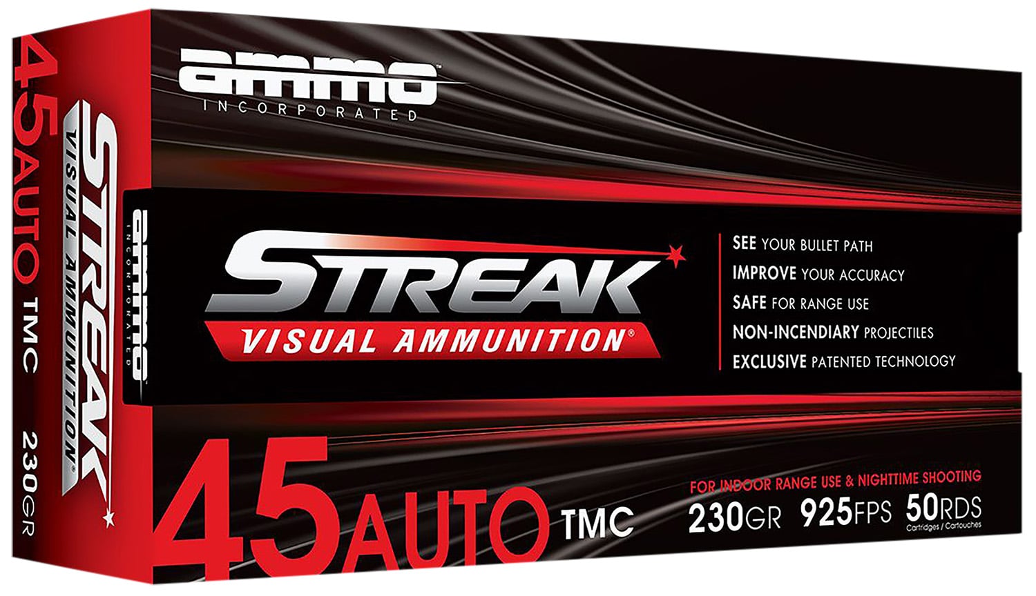 Ammo Inc 45230TMCSTRKRED50 Streak Visual (RED) 45ACP 230gr Total Metal Case 50 Per Box/20 Case