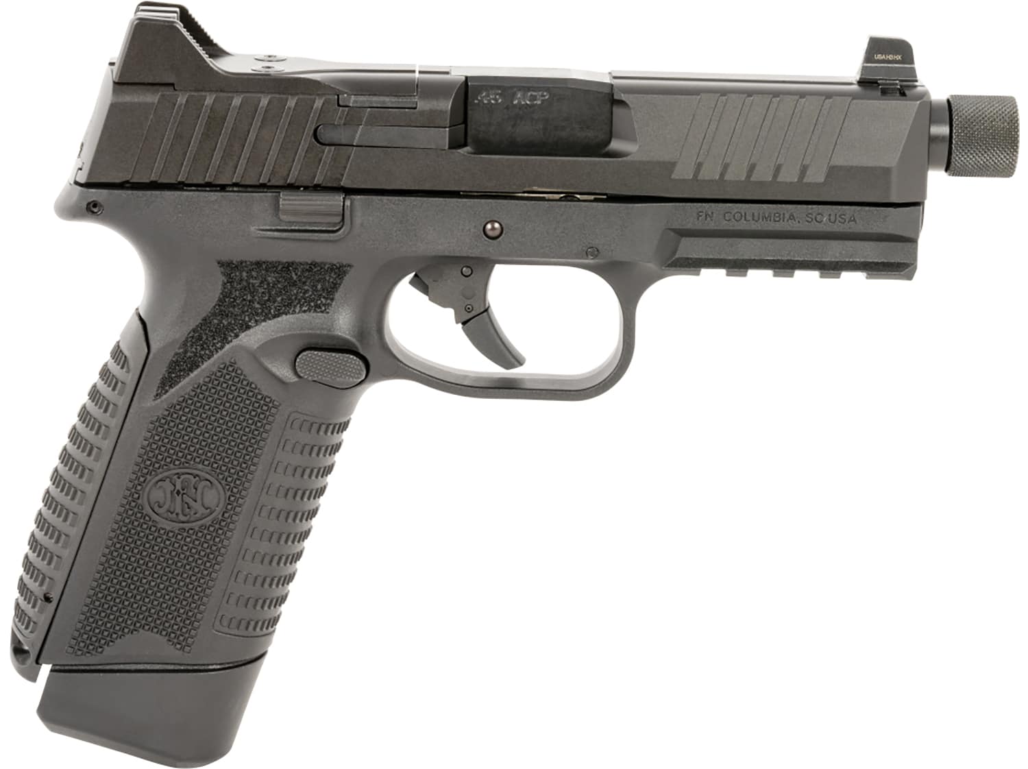 FN 66101385 545 Tactical 45 ACP 10+1 4.71" Black Target Crown/Threaded Steel Barrel, Black Optic Cut/Serrated Steel Slide & Polymer Frame w/Picatinny Rail, Ambidextrous