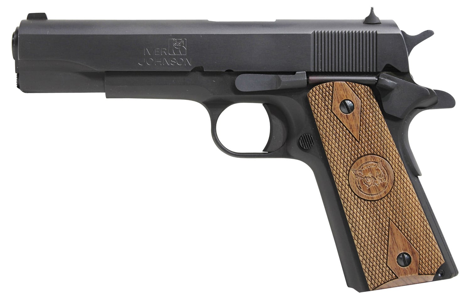 Iver Johnson Arms 1911A1938 1911 A1 38 Super 9+1 5" Black Steel Barrel, Matte Blued Serrated Steel Slide & Frame w/Beavertail, Double Diamond Checkered Walnut Grip