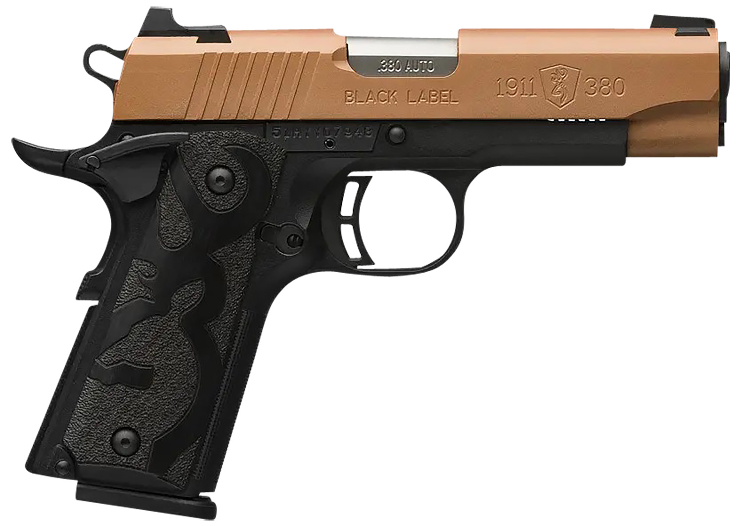Browning 051988492 1911 Black Label Compact Frame 380 ACP 8+1 3.63" Matte Stainless Steel Barrel, Copper Cerakote Serrated Stainless Steel Slide, Matte Black Polymer Frame, Black Polymer Grip