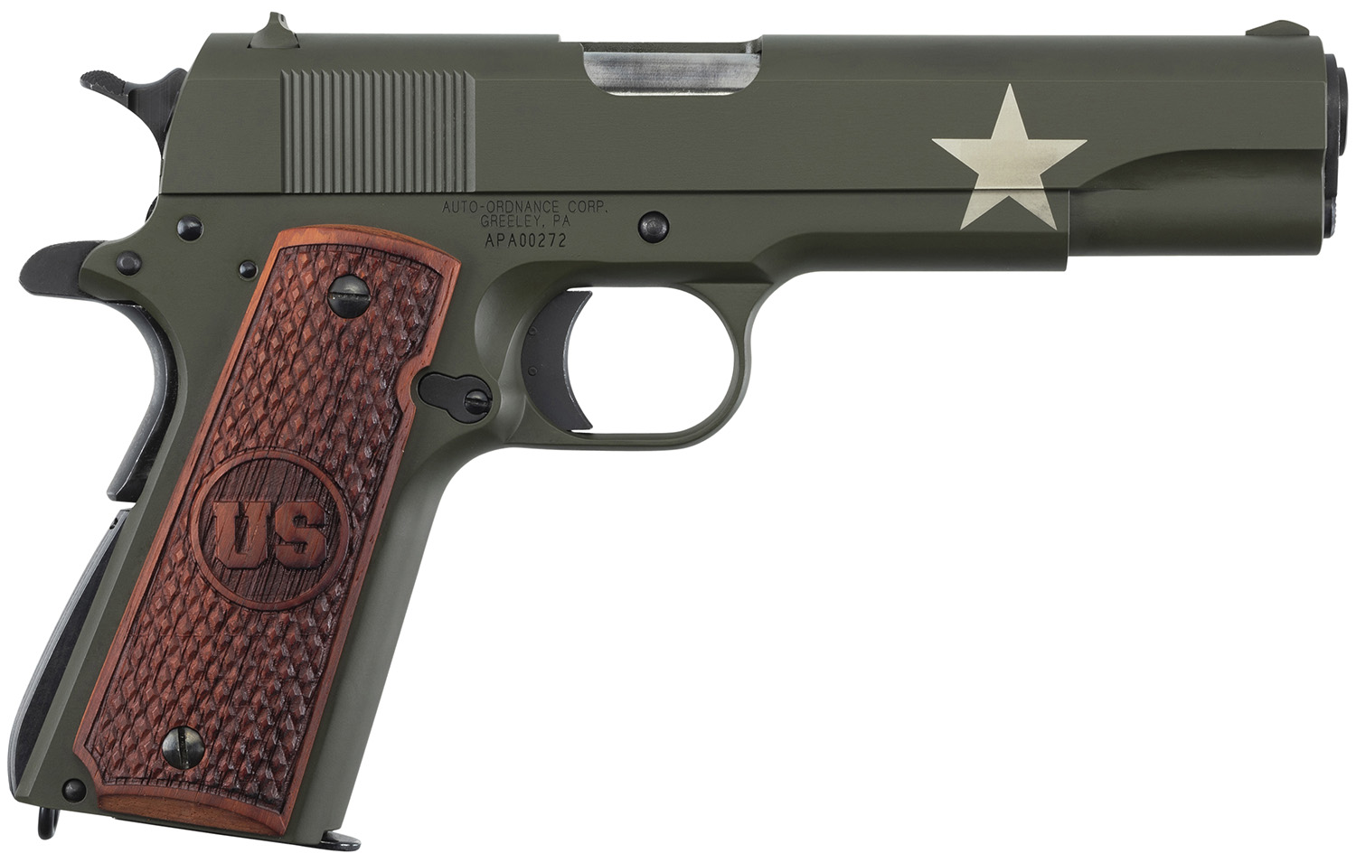 Auto-Ordnance 1911BKOC11 1911 Tanker 45 ACP 5" Barrel 7+1, OD Green Carbon Steel Frame/Slide with Sherman Tank Star, Checkered US Engraved Wood Grip, Manual Safety