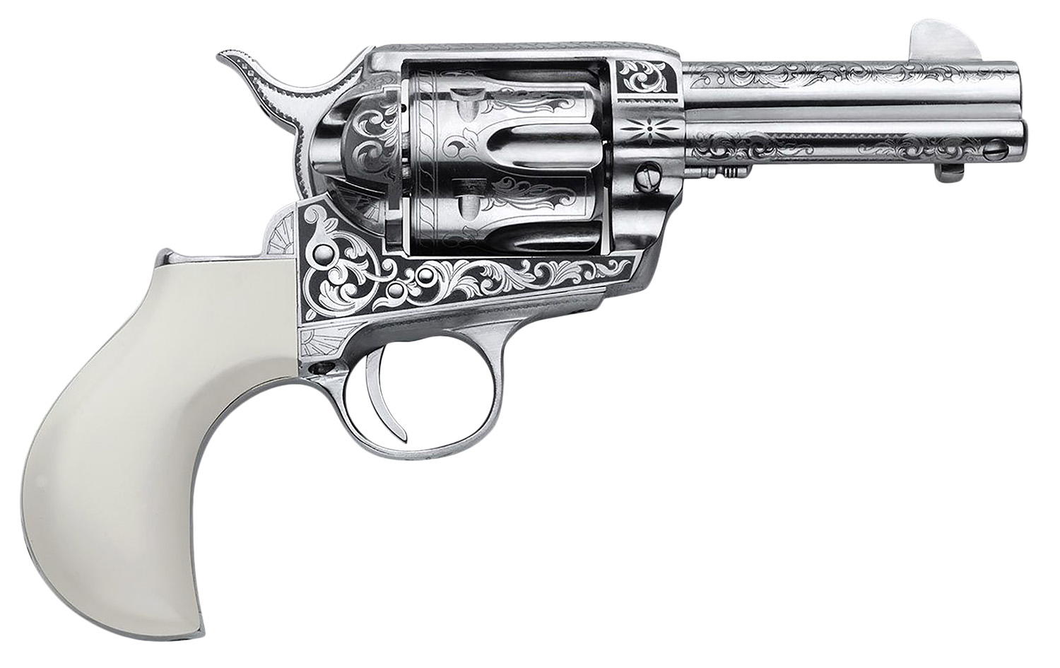 Cimarron PP346HUCKENG Huckleberry 45 Colt (LC) 6 Shot, 3.50" Nickel Engraved Barrel, Cylinder & Frame, Poly-Ivory w/"Huckleberry" Engraved On The Backstrap Grip