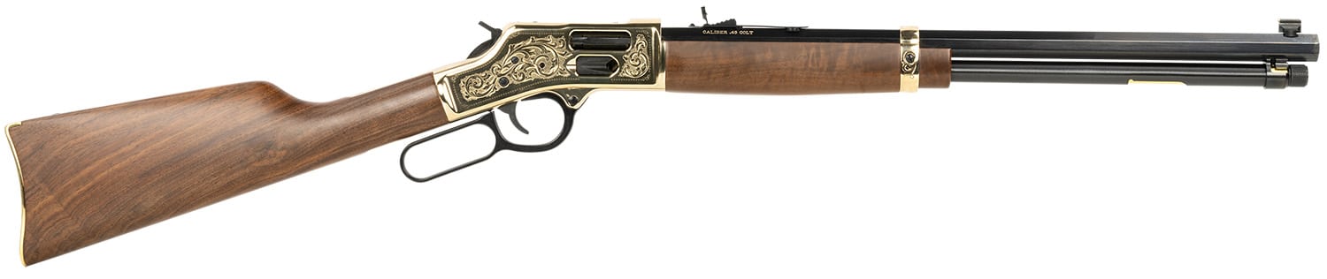 Henry H006GCD Deluxe Side Gate Full Size 45 Colt (Long Colt) 10+1 20" Blued Octagon Barrel, Polished Brass Engraved Receiver, Drilled & Tapped, Fixed American Walnut Stock Ambidextrous