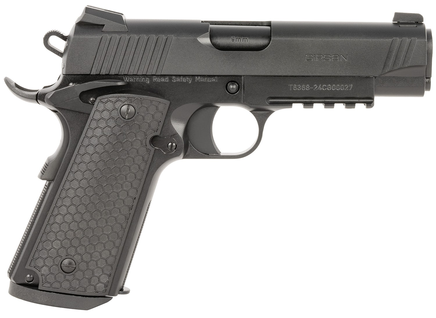 Girsan 392075 MC1911 C Untouchable Compact Frame 9mm Luger 9+1 4.40" Black Steel Barrel, Black Serrated Steel Slide & Frame w/Beavertail & Picatinny Rail, Black Polymer Grip