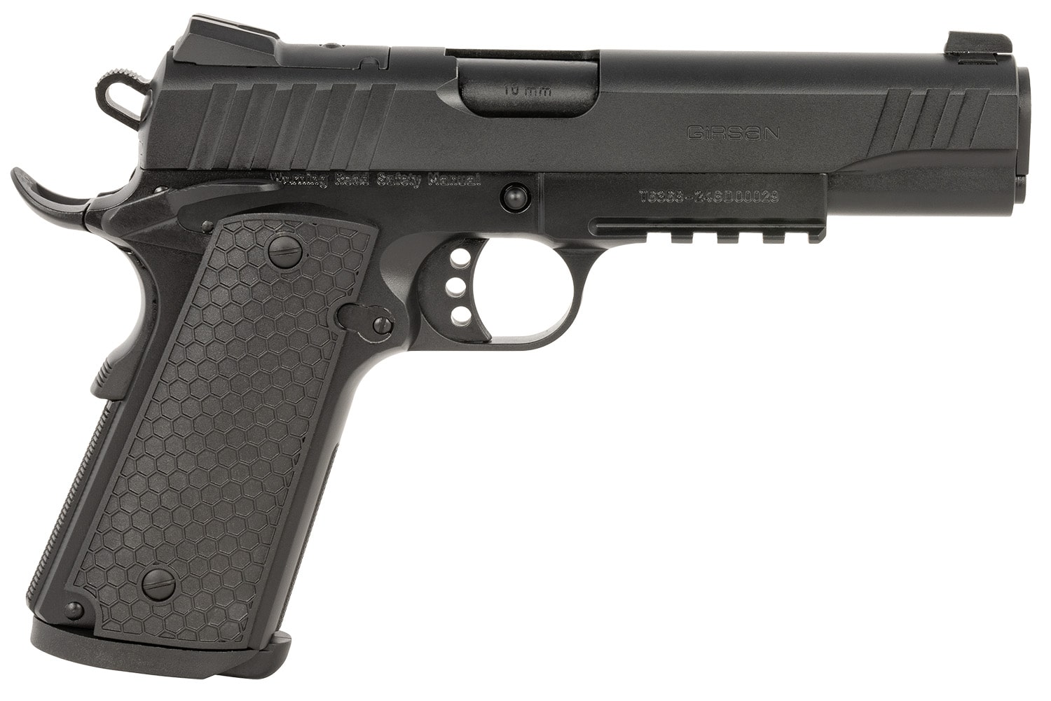 Girsan 391048 MC1911 S Influencer Full Size 10mm Auto 9+1 5" Blued Steel Barrel, Black Optic Ready/Serrated Steel Slide & Frame w/Picatinny Rail & Beavertail, Black Polymer Grip