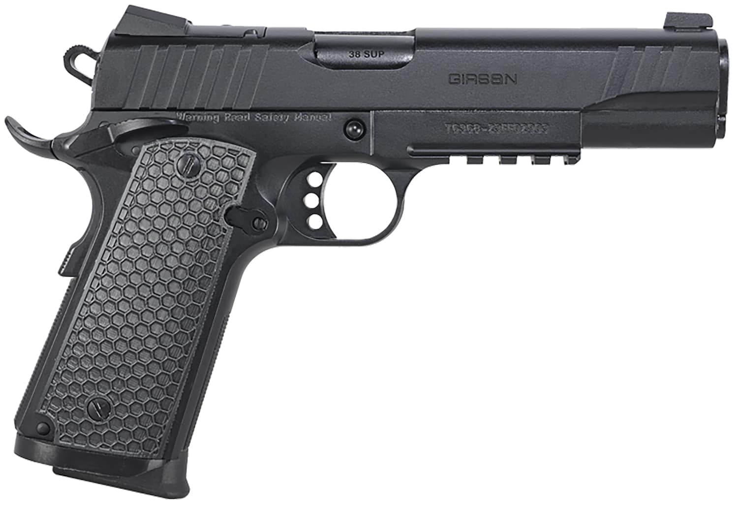 Girsan 391049 MC1911 S Influencer Full Size 38 Super 9+1 5" Blued Steel Barrel, Black Optic Ready/Serrated Steel Slide & Frame w/Picatinny Rail & Beavertail, Black Polymer Grip