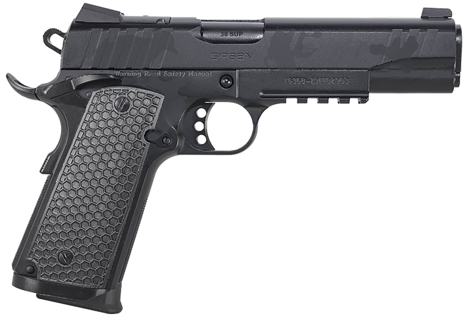 Girsan 391159 MC1911 S Influencer Full Size 38 Super 9+1 5" Black Steel Barrel, Black Camo Optic Ready/Serrated Steel Slide & Frame w/Picatinny Rail & Beavertail, Black Polymer Grip
