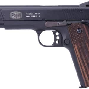 Mauser Rimfire 4110608 1911 22 LR 10+1 5" Black Steel Barrel, Black Serrated Aluminum Slide, Black Aluminum Frame w/Beavertail, Molded Wood Flag Grip, Ambidextrous