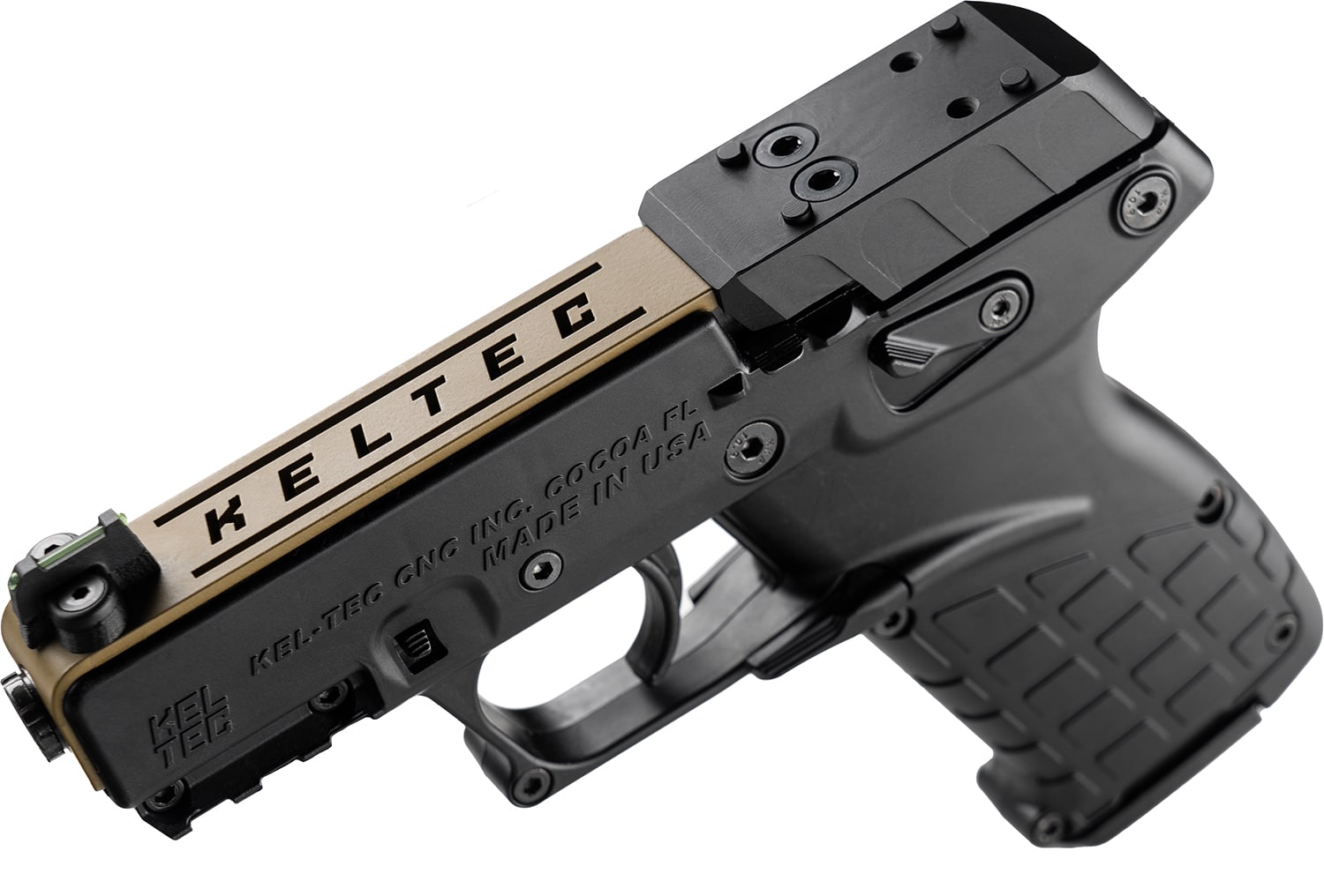 Kel-Tec P17BBLKORTANS P17 Sports South Exclusive 22 LR 16+1 3.80" Black Steel Barrel, Tan Optic Ready/Serrated Slide, Black Polymer Frame w/Picatinny Rail, Textured Grip