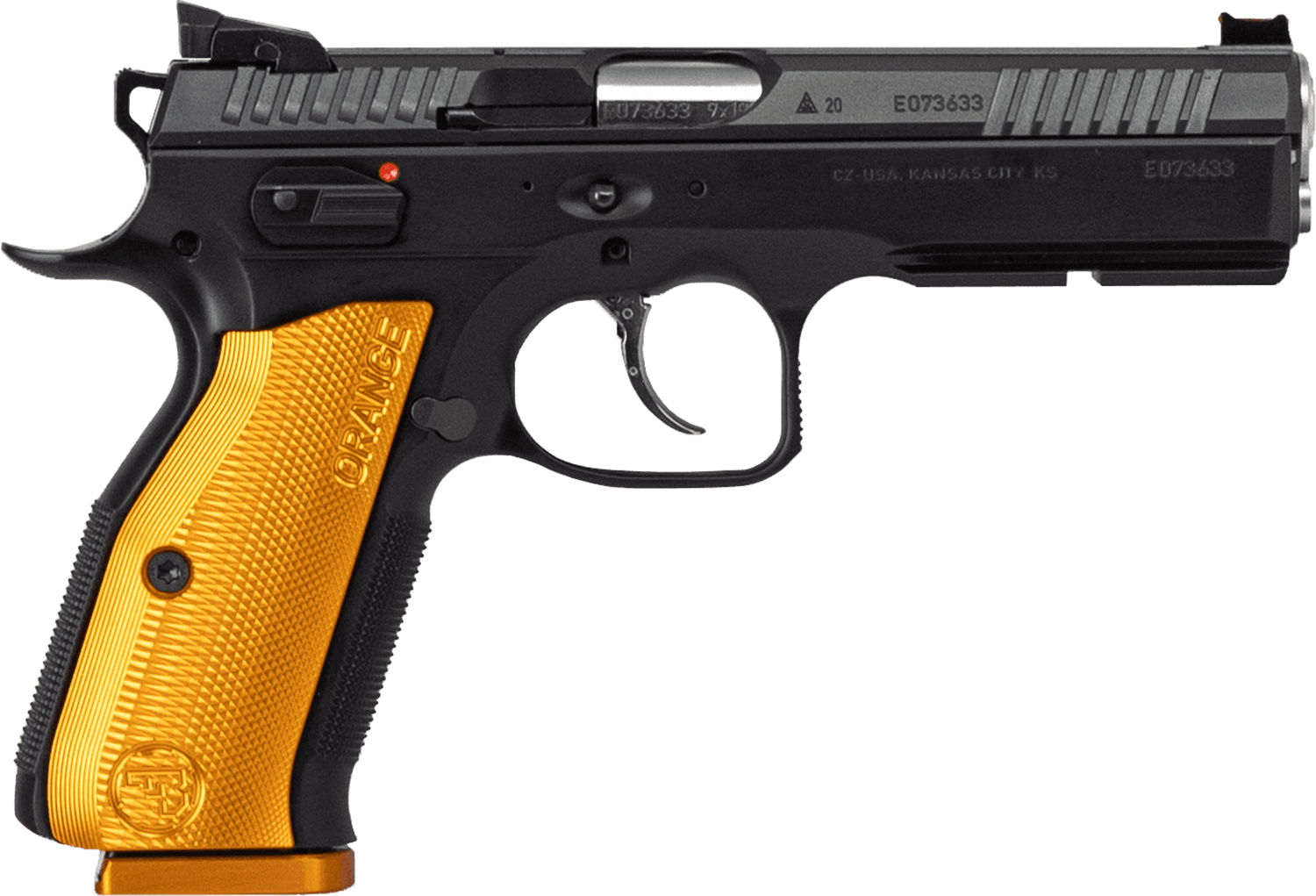 CZ-USA 91248 Shadow 2 9mm Luger 17+1 4.89" Stainless Steel Barrel, Black Nitride Optic Cut/Serrated Slide, Black Steel Frame w/Beavertail & Picatinny Rail, Orange Checkered Aluminum Grip