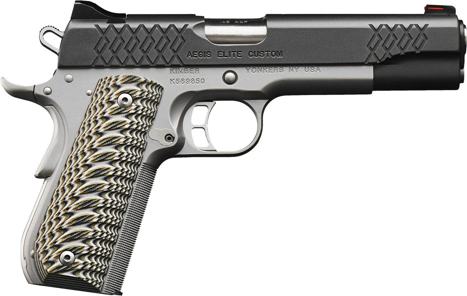 Kimber Mfg, Inc 3000350 Aegis Elite Custom 9mm Luger 9+1 5" Stainless Match Grade Barrel, KimPro II Black Serrated Stainless Steel Slide, Satin Silver Stainless Steel Frame w/Beavertail, G10 Grip