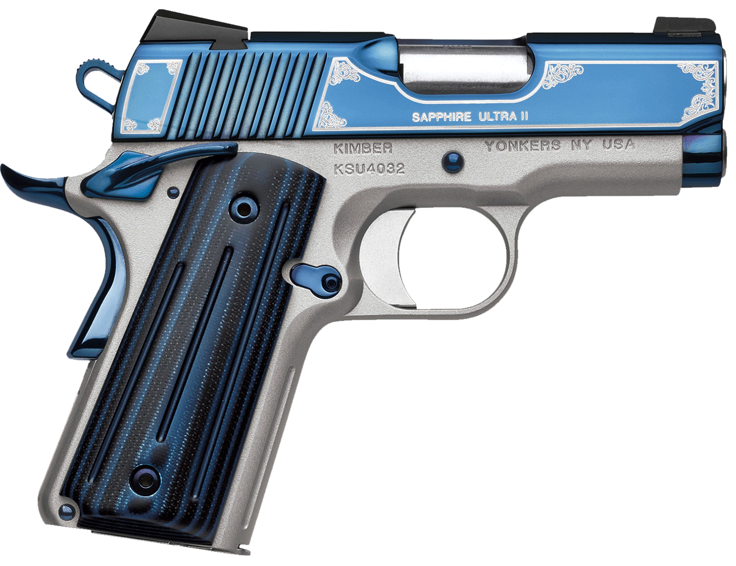 Kimber Mfg, Inc 3200273 Ultra II 9mm Luger 8+1 3" Stainless Match Grade Barrel, Engraved Sapphire Blue PVD Serrated Stainless Steel Slide, Satin Silver Aluminum Frame w/Beavertail, G10 Grip