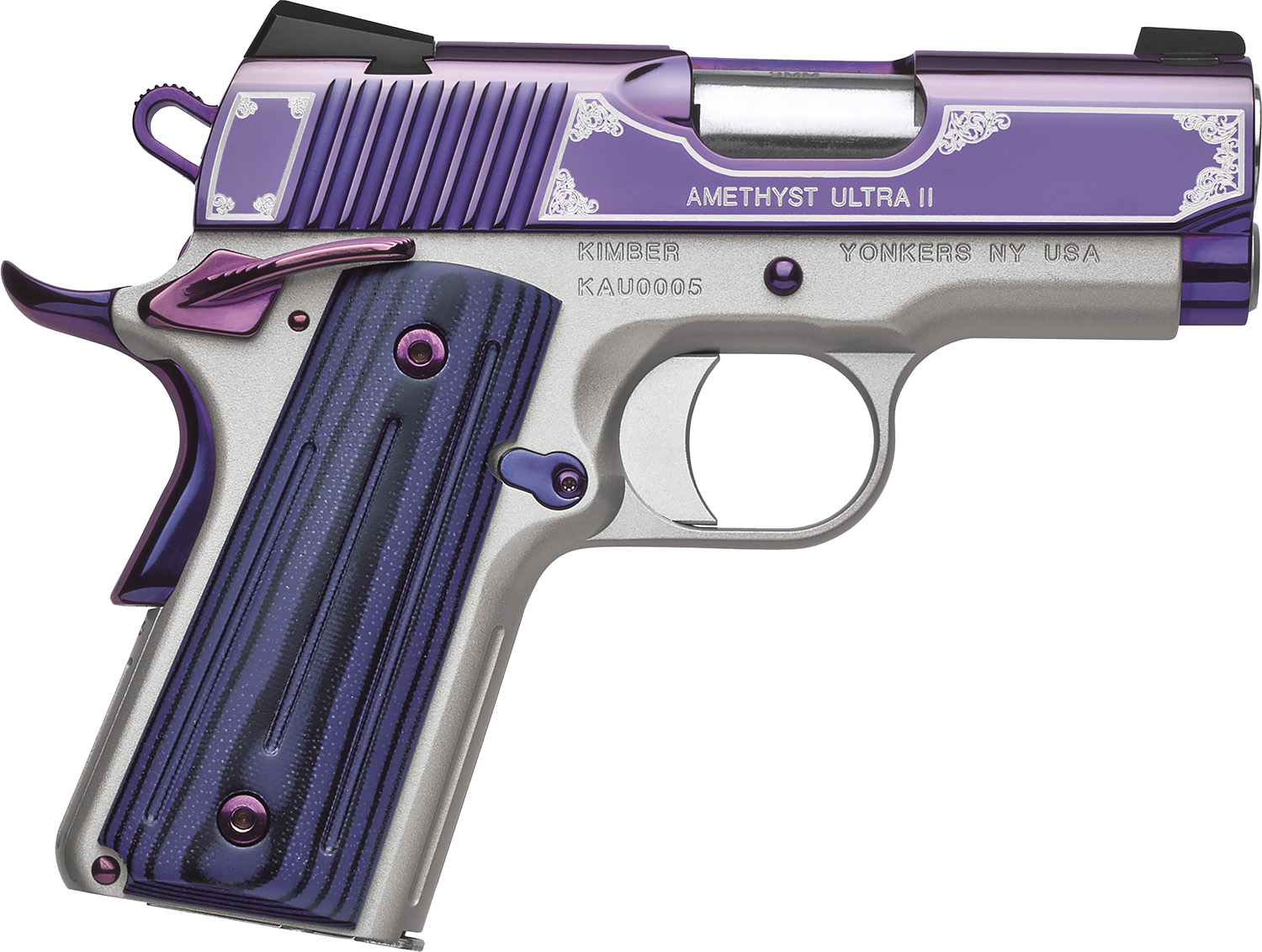 Kimber Mfg, Inc 3200363 Ultra II 45 ACP 7+1 3" Stainless Match Grade Barrel, Engraved Purple Amethyst PVD Serrated Stainless Steel Slide, Satin Silver Aluminum Frame w/Beavertail, G10 Grip