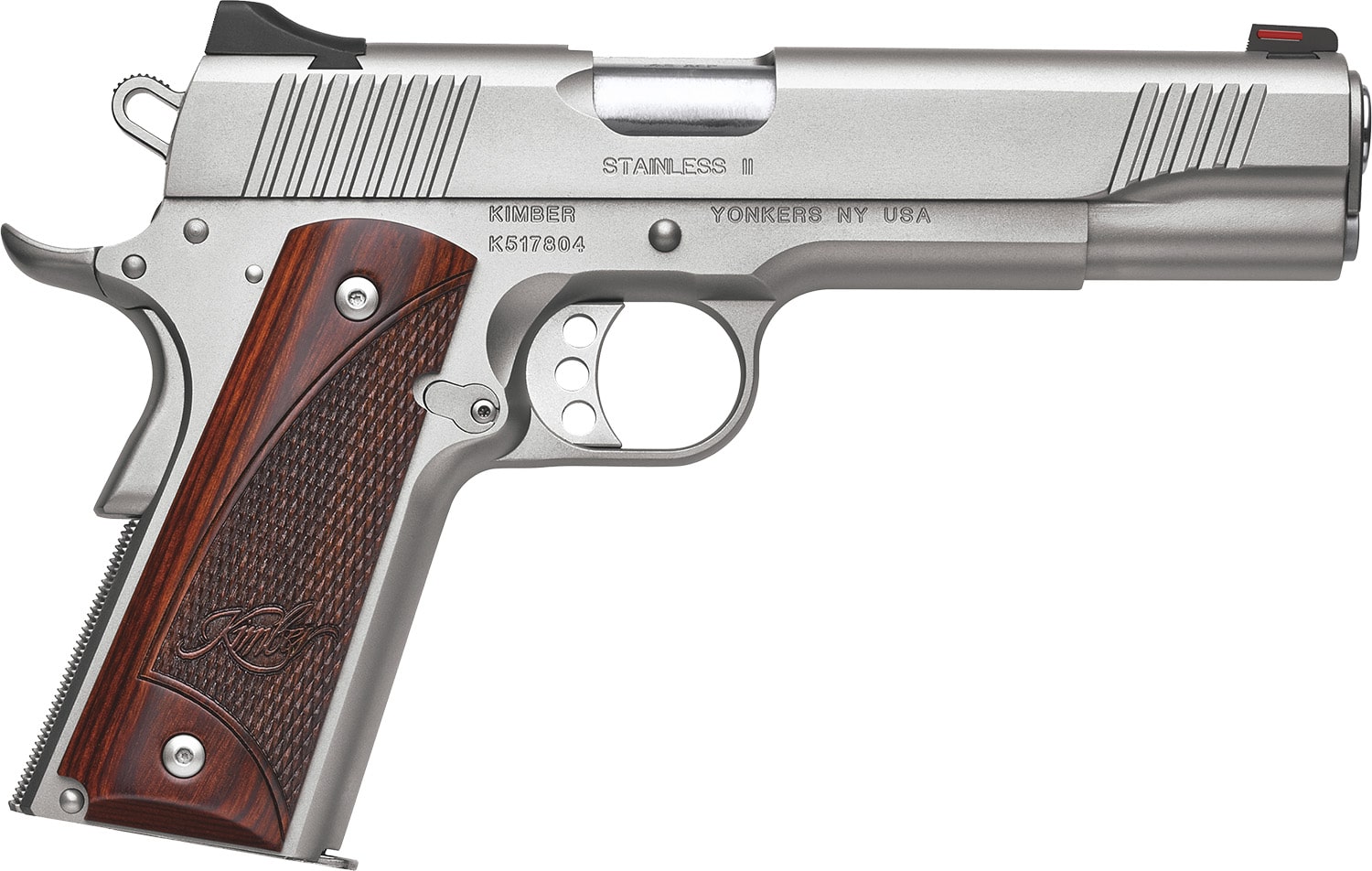 Kimber Mfg, Inc 3200328 Stainless II Full Size Frame 45 ACP 7+1 5" Stainless Match Grade Barrel, Satin Silver Serrated Stainless Steel Slide & Frame w/Beavertail, Rosewood Grip