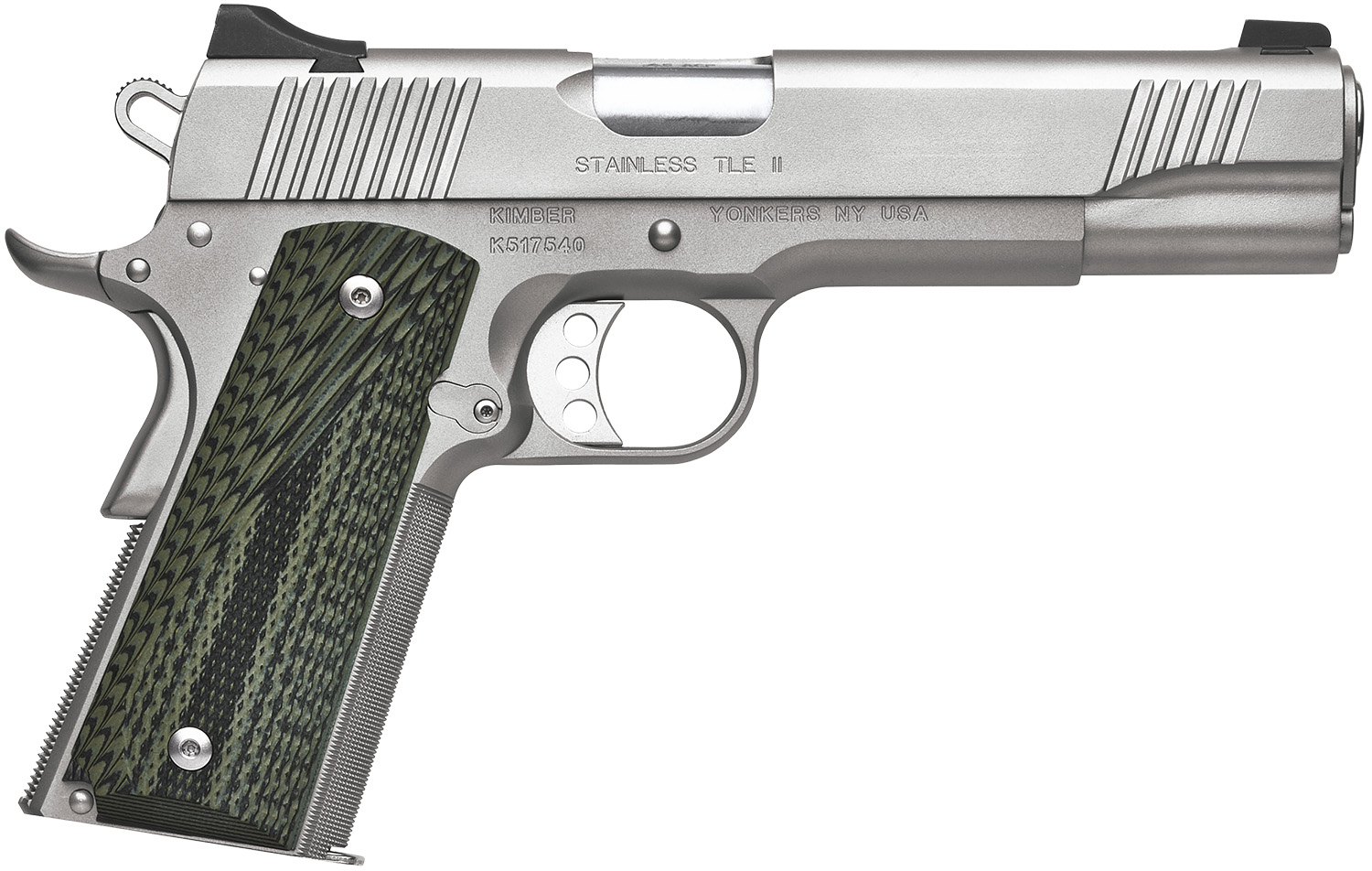 Kimber Mfg, Inc 3200342 TLE II 45 ACP 7+1 5" Stainless Match Grade Barrel, Satin Silver Serrated Stainless Steel Slide & Frame w/Beavertail, Aggressively Textures G-10 Grip