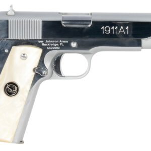 Iver Johnson Arms 1911A138CHRWP 38 Super 8+1 5" Stainless Steel Barrel, Bright Polish Chrome Serrated Stainless Steel Slide, Pearl Grips