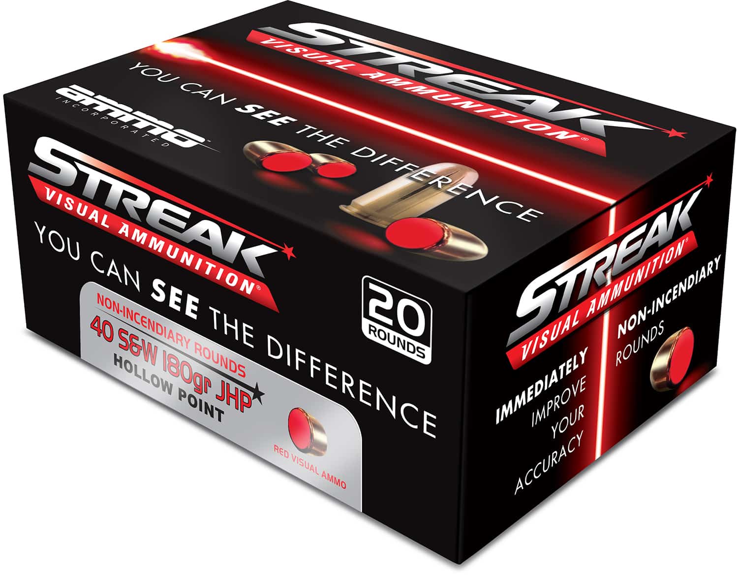 Ammo Inc 40180JHPSTRKRED Streak Visual (RED) 40S&W 180gr Jacketed Hollow Point 20 Per Box/10 Case