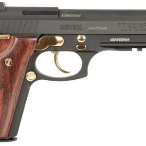 Taurus 1-920151GLD-HW1 92  Full Size Frame 9mm 17+1 5" Matte Black Stainless Steel Barrel, Matte Black Serrated Alloy Steel Slide, Matte Black w/Gold Accents Aluminum Frame w/Picatinny Rail, Wood Grip