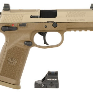 FN 66102272 FNX w/Optic 45 ACP 10rd 5.30" Black Steel Barrel, Flat Dark Earth Optic Ready/Serrated Stainless Steel Slide & Polymer Frame w/Picatinny Rail, Holosun 407C Red Dot, 5 Mags, Ambidextrous