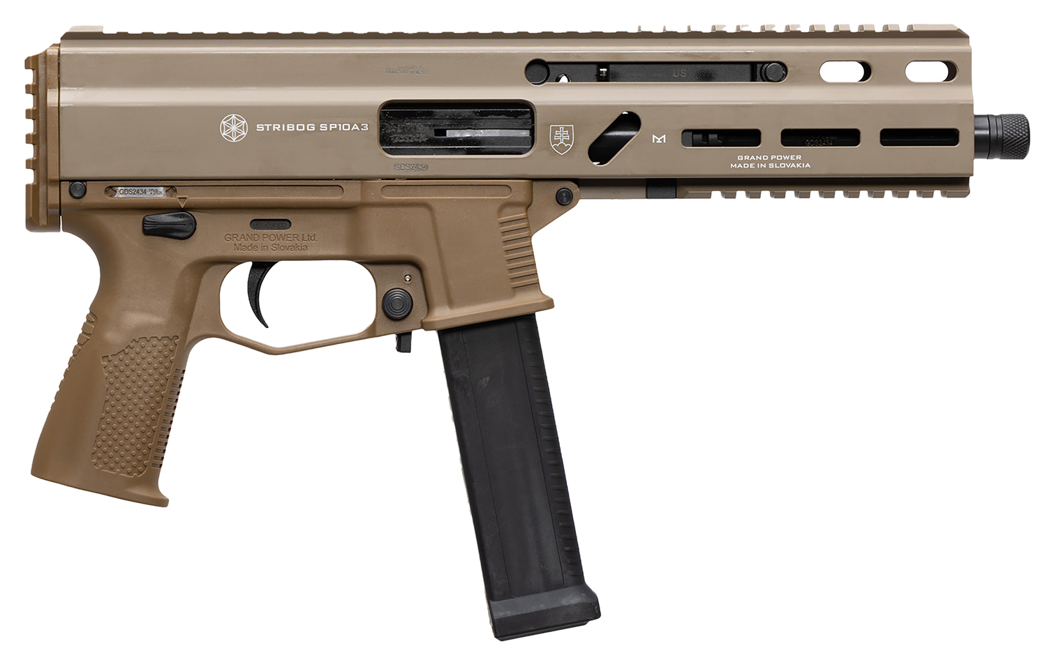 Grand Power 197892004800 SP10A3 Stribog 10mm Auto 20+1 8" Black Threaded Barrel, Flat Dark Earth Aluminum Picatinny Rail Receiver, FDE Polymer Grip, Thread Protector