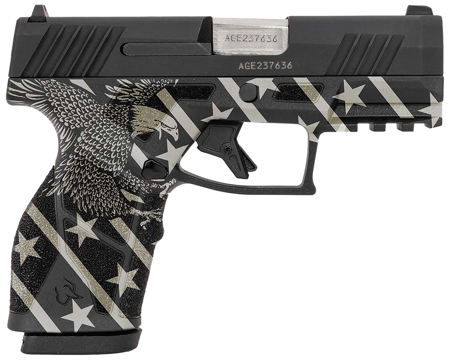 Taurus 1-GX2931-10EN1 GX2 Compact Frame 9mm Luger 10+1 3.38" Stainless Steel Barrel, Matte Black Serrated Alloy Steel Slide, Black w/Eagle, Stars & Stripes Polymer Frame w/Accessory Rail