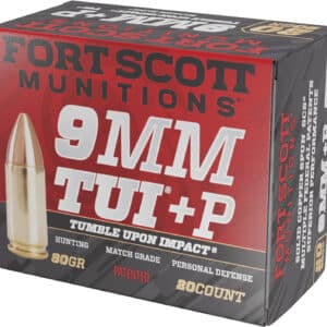 Fort Scott Munitions 9MM+P-080-SCV Tumble Upon Impact (TUI) 9mm+P 80gr Solid Copper Spun 20 Per Box/25 Case