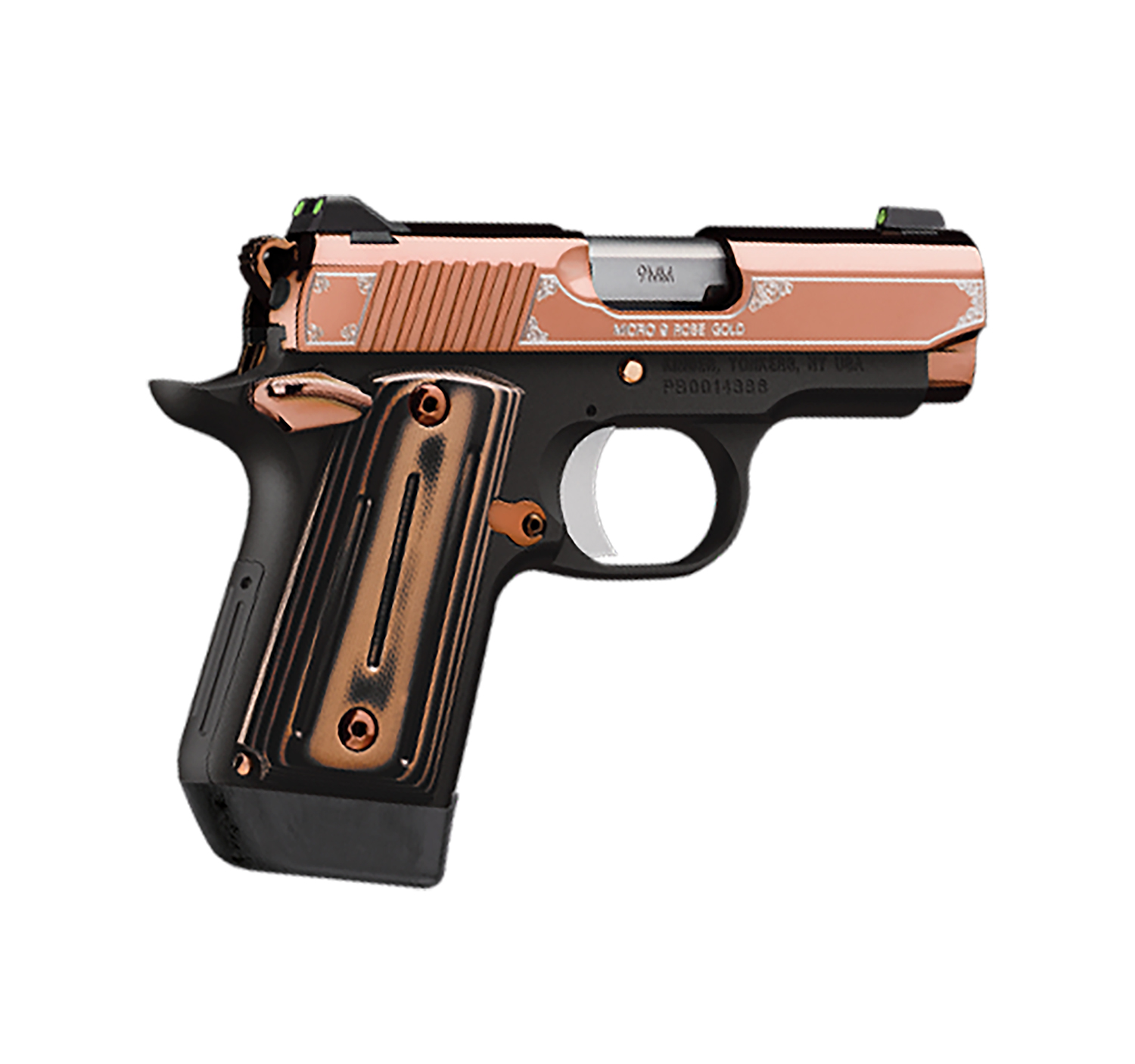 Kimber Mfg, Inc 3300174 Micro 9 9mm Luger 7+1 3.15" Stainless Ramped Steel Barrel, Rose Gold PVD Stainless Steel Serrated Slide, Matte Black Aluminum Frame, Black/Rose Gold G10 Grip