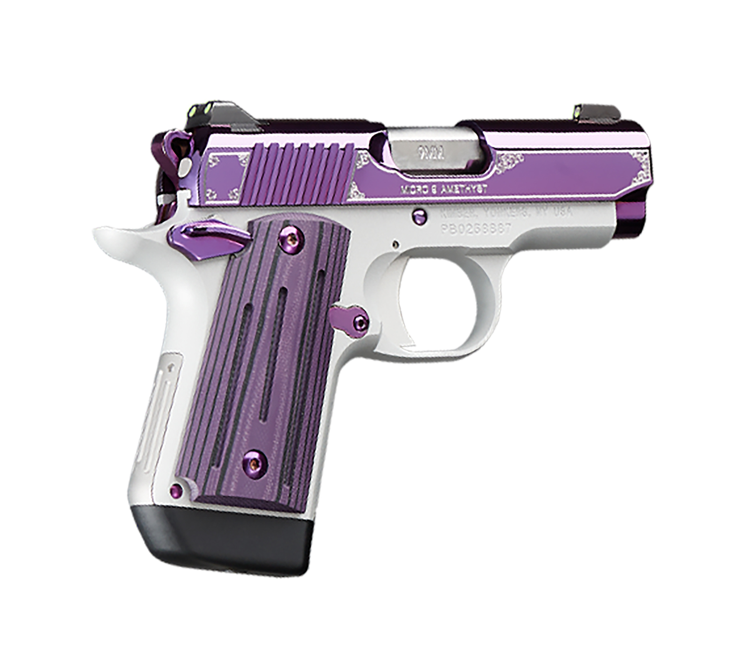 Kimber Mfg, Inc 3300214 Micro 9 9mm Luger 7+1 3.15" Stainless Ramped Steel Barrel, Purple PVD w/Border Engraving Stainless Steel Serrated Slide, Kimpro II Silver Aluminum Frame, Black/Purple G10 Grip