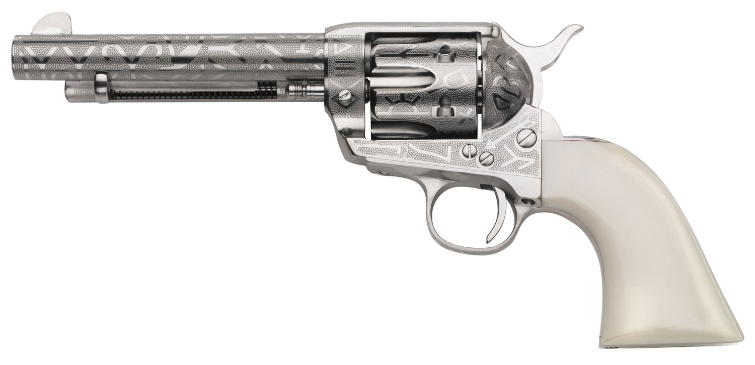 Taylors & Company 200060 1873 Cattle Brand 357 Mag Caliber with 5.50" Barrel, 6rd Capacity Cylinder, Overall Nickel-Plated Engraved Finish Steel & Ivory Synthetic Grip