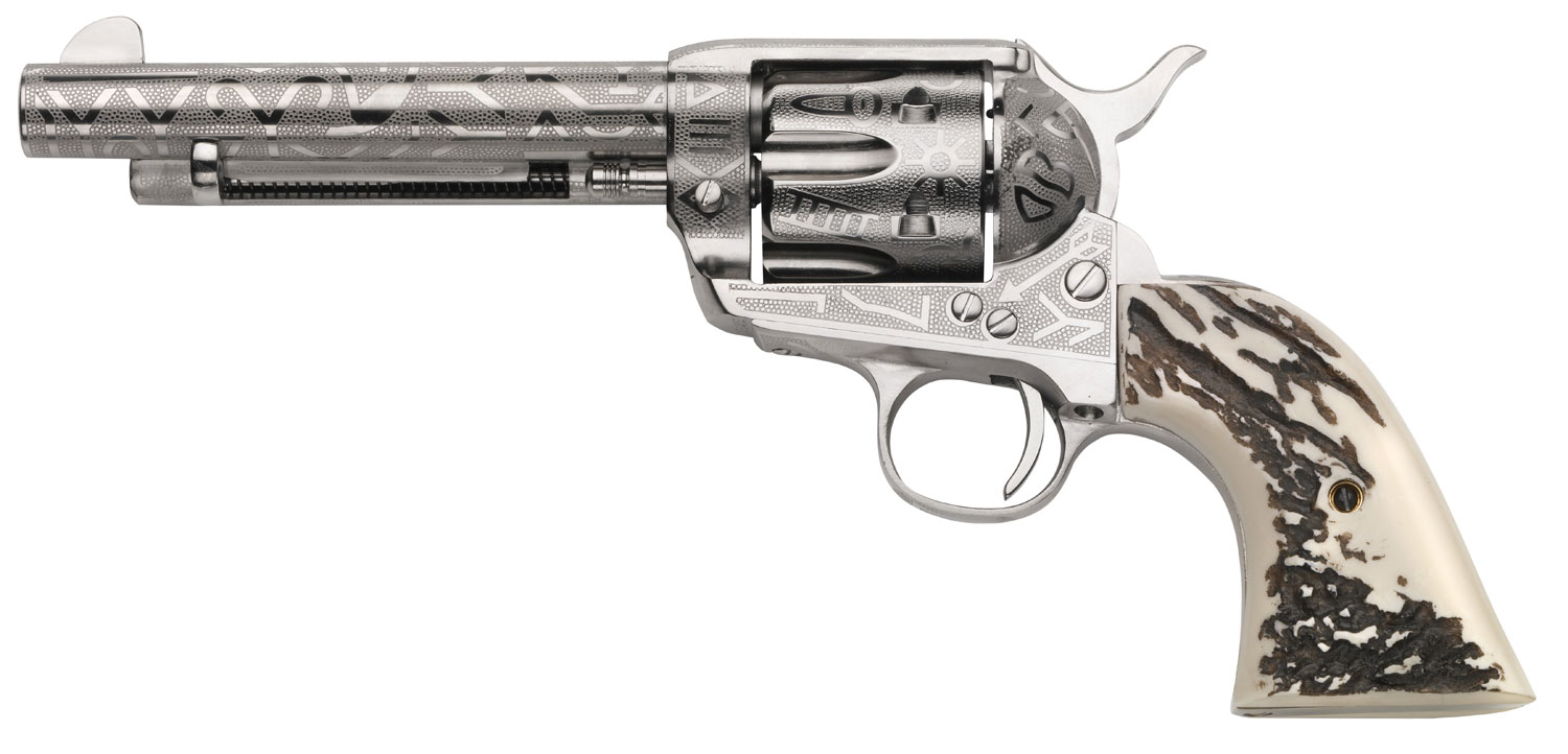 Taylors & Company 200063 1873 Cattle Brand 45 Colt (LC) Caliber with 5.50" Barrel, 6rd Capacity Cylinder, Overall Nickel-Plated Engraved Finish Steel & Imitation Stag Grip