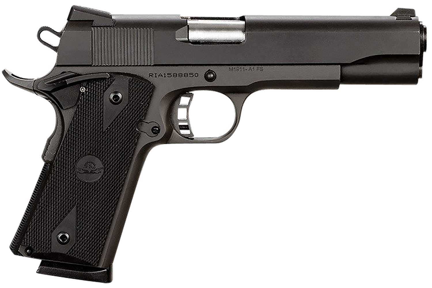 Rock Island 51431 Rock Standard FS 45 ACP Caliber with 5" Barrel, 8+1 Capacity, Overall Black Parkerized Finish Steel, Beavertail Frame, Serrated Slide & Black Rubber Grip