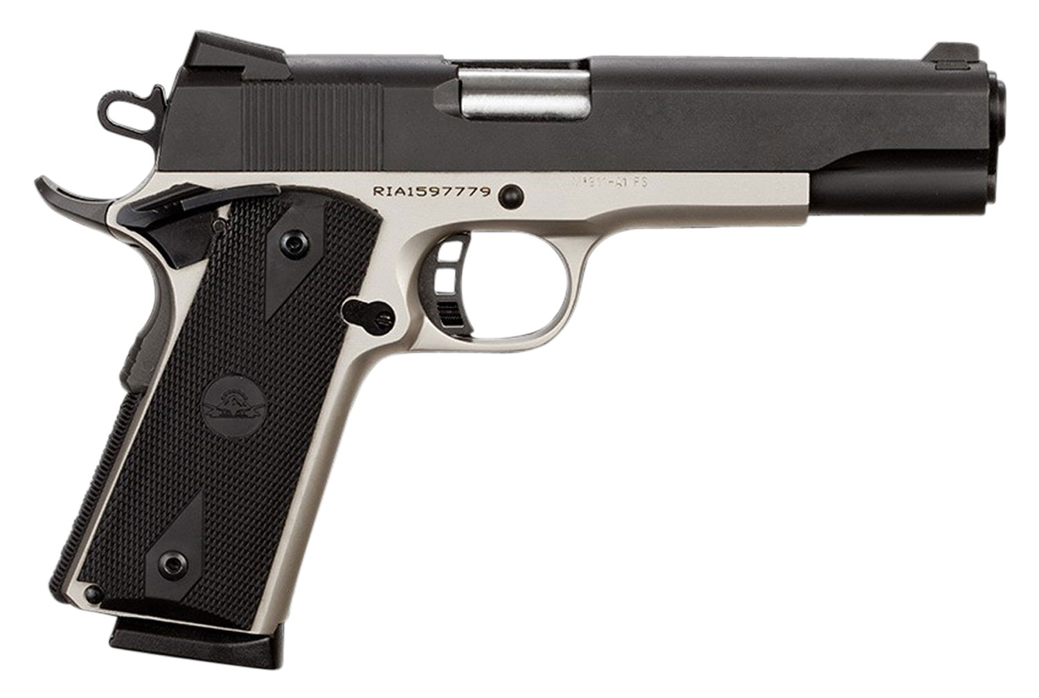 Rock Island 51447 Rock Standard FS 45 ACP Caliber with 5" Barrel, 8+1 Capacity, Nickel Finish Steel Beavertail Frame, Serrated Black Parkerized Steel Slide & Black Rubber Grip