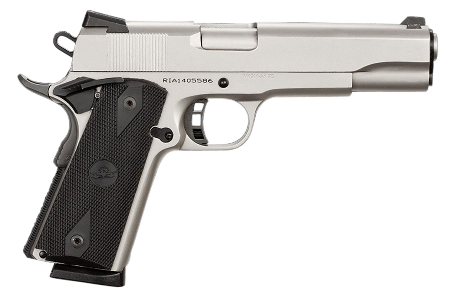 Rock Island 51448 Rock Standard FS 45 ACP 8+1 5" Barrel, Overall Matte Nickel Finish Steel, Beavertail Frame, Serrated Slide & Black Rubber Grip