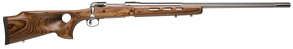 Savage Arms 18516 12 BTCSS Full Size 223 Rem 4+1 26" Matte Stainless Heavy Fluted Barrel, Matte Stainless Steel Receiver Drilled & Tapped, Satin Brown Thumbhole Laminate Stock, Right Hand