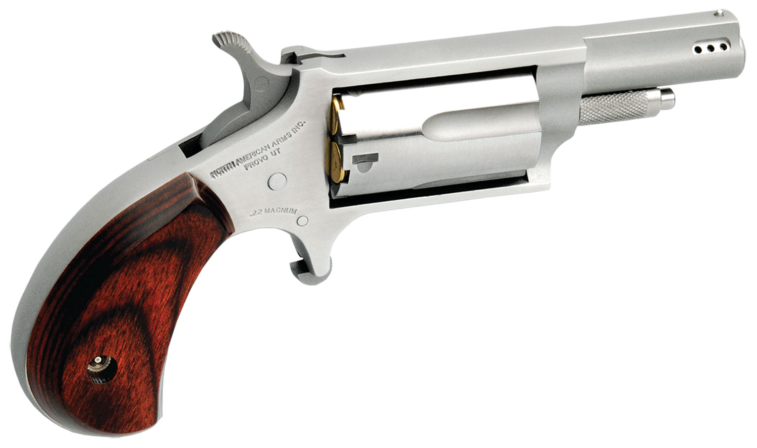 North American Arms 22MP Mini-Revolver 22 WMR 5 Shot 1.63" Stainless Steel Ported Barrel, Stainless Steel Frame & Cylinder, Rosewood Birdshead Grip, Exposed Hammer