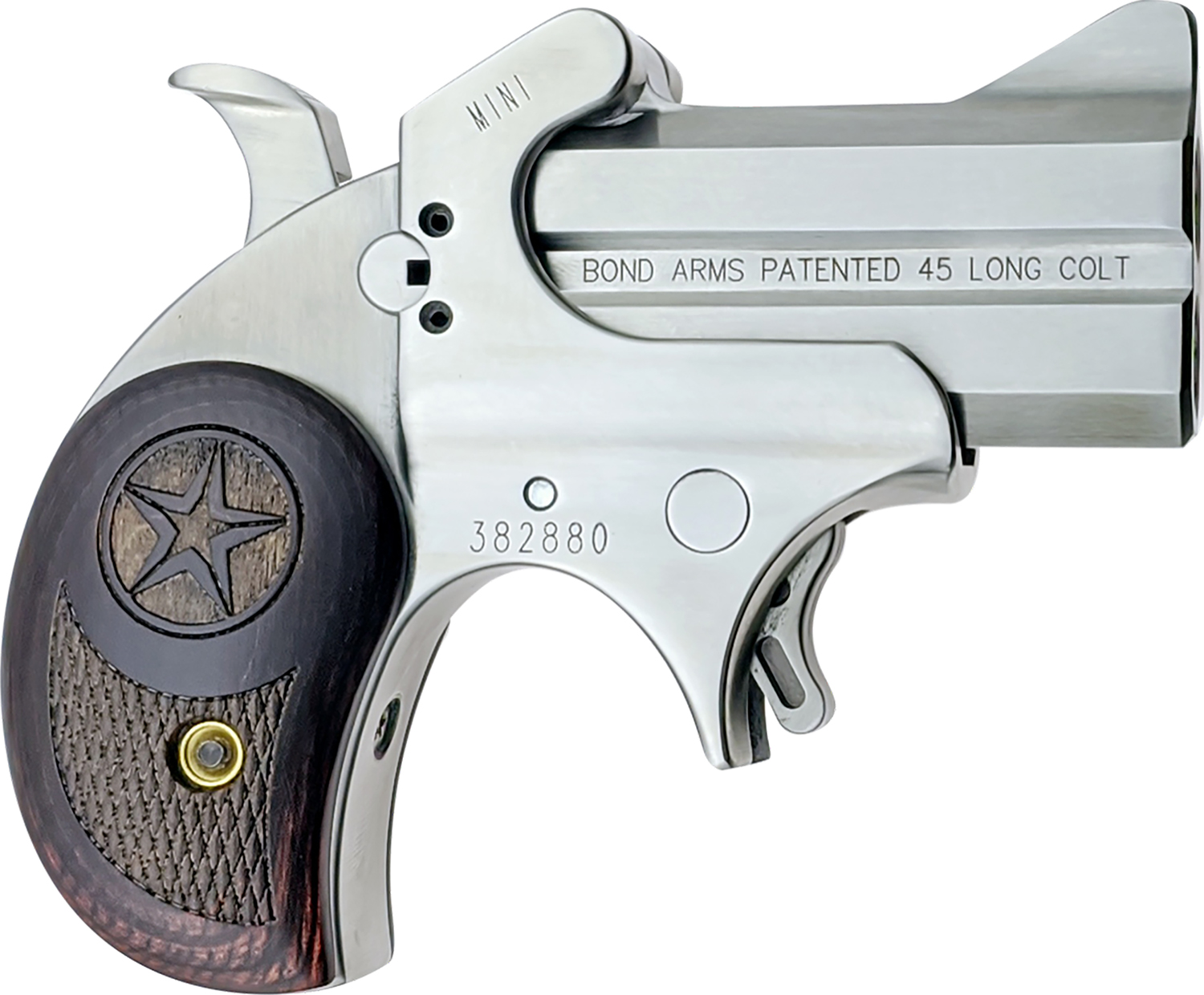 Bond Arms BAM Mini Original 45 Colt (LC) 2rd 2.50"  Stainless Steel Double Barrel & Frame, Auto Extractor & Rebounding Hammer, Blade Front/Fixed Rear Sights, Rosewood Grips, Manual Safety