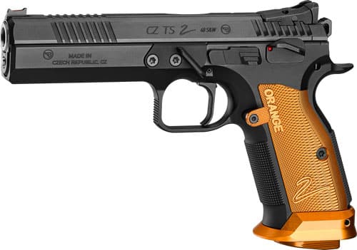 CZ TS2 SA 9MM FS 20-SHOT - BLACK POLYCOAT ORANGE GRIP - Image 2